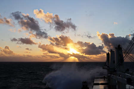 Sunset in the Pacific Ocean. Different types of sunset from the side of the ship while driving and...