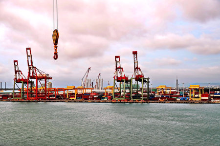 Port of Taichung, Taiwan. September, 24, 2020. Container terminal and vessels at the port while cargo operations and underway.のeditorial素材