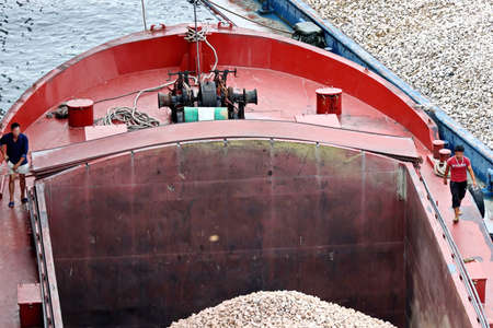 Close-up views of equipments, constructions of vessel, barges, tugboats and small boats at the...