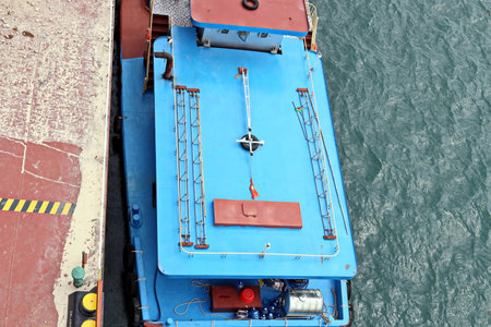 Close-up views of equipments, constructions of vessel, barges, tugboats and small boats at the...