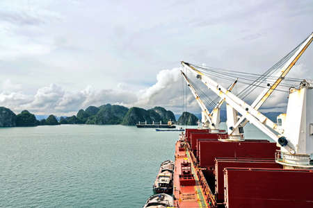Various panoramic views of the port, roadstead, and coastline of the Halong bay, Port of Campha, Vietnam. October, 2020.の写真素材