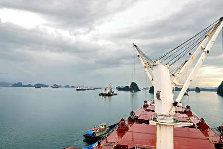 Various panoramic views of the port, roadstead, and coastline of the Halong bay, Port of Campha,...