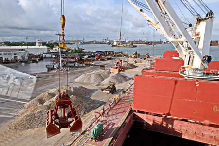 Paradeep, India, October, 21, 2020. Cargo terminal for unloading bulk cargo of limestone by shore...