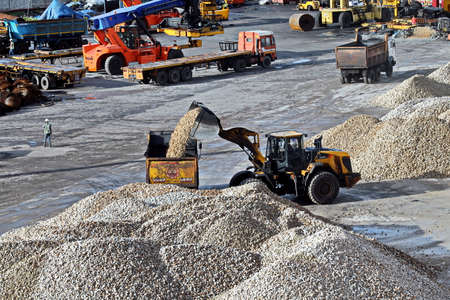 Paradeep, India, October, 21, 2020. Cargo terminal for unloading bulk cargo of limestone by shore...