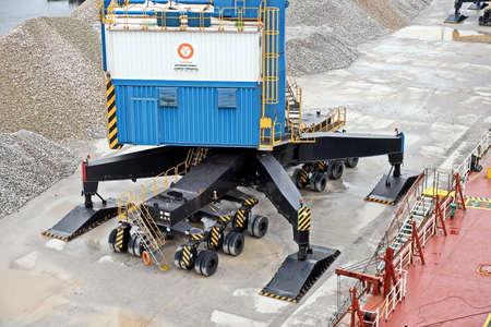 Paradeep, India, October, 21, 2020. Cargo terminal for unloading bulk cargo of limestone by shore...