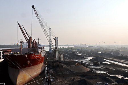 Haldia, India, October, 27, 2020. Cargo terminal for unloading bulk cargo of limestone by shore cranes and grabs. Views of cargo equipment for discharging of bulk cargoes.のeditorial素材