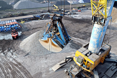 Haldia, India, October, 27, 2020. Cargo terminal for unloading bulk cargo of limestone by shore...