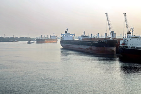 Haldia, India, October, 27, 2020. Seagoing vessels, tugboats at the port under cargo operations and underway.のeditorial素材