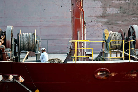 Haldia, India, October, 27, 2020. Cargo terminal for unloading bulk cargo of limestone by shore cranes and grabs. Views of cargo equipment for discharging of bulk cargoes.のeditorial素材