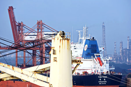 Haldia, India, October, 27, 2020. Cargo terminal for unloading bulk cargo of limestone by shore...