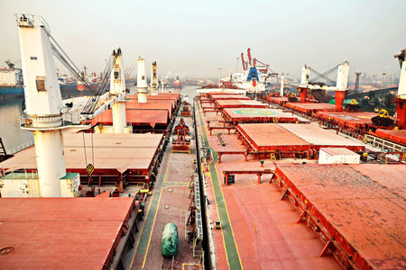 Haldia, India, October, 27, 2020. Cargo terminal for unloading bulk cargo of limestone by shore...