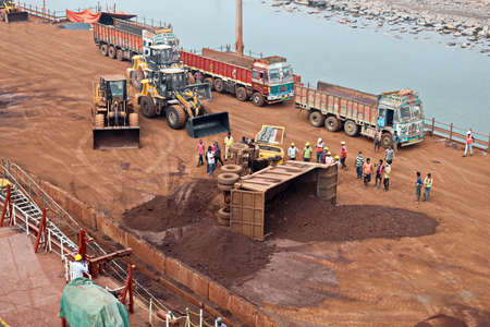 Gopalpur, India, November, 05, 2020. Accident at the port. Dump truck overturned while unloading...