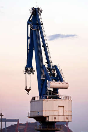 View of onshore harbor cranes and their structures in the port of Huludao, China.の写真素材