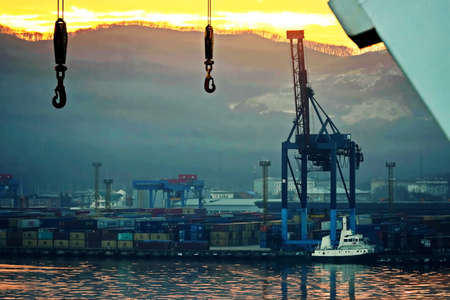 Container vessels, bulk carrier and tugboats at the port under cargo operations and underway. Port of Vostochnyy. Russia, December, 2020の写真素材