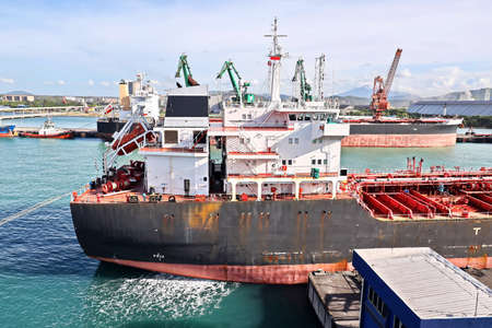 Vessels, bulk carrier and tugboats at the port under cargo operations and underway. Port of...