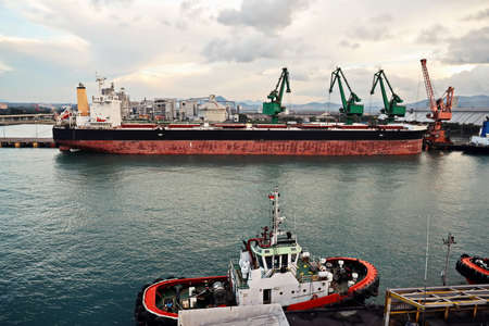 Vessels, bulk carrier and tugboats at the port under cargo operations and underway. Port of...