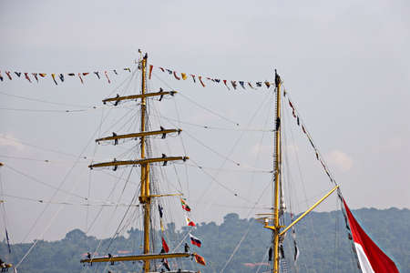 Surabaya, Indonesia, 01, January, 2021. The navy sailing ship performs maneuvers and greetings in...