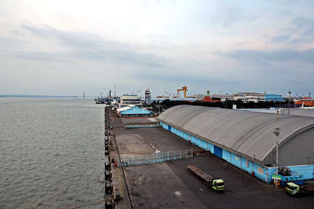 Panoramic night views the pier and terminal of the Port of Surabaya, Indonesia, January, 2021の写真素材