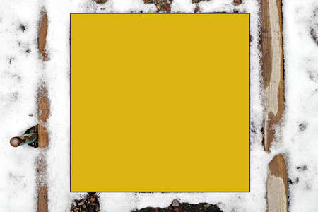 Paving slabs and stones covered with the first snow and ice. Background. Close-up.の写真素材