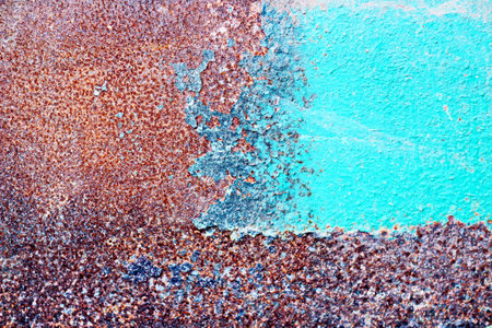 rusty metal background with pebbles and blue paint, vintage