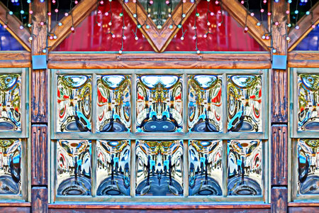 Colorful glass window in the chinese temple, closeup of photoの写真素材