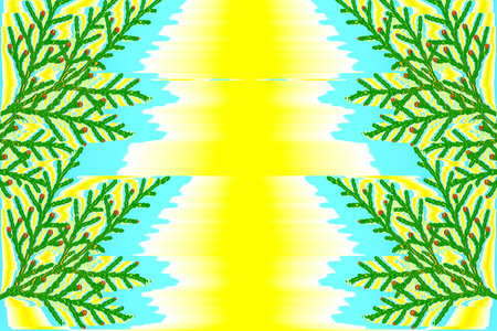 abstract background with thuja branches on a yellow-blue backgroundの写真素材