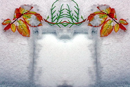 Frosty winter frame with red and yellow leaves. copy spaceの写真素材