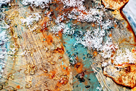 The texture of the old wooden surface covered with snow. winter backgroundの写真素材
