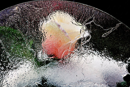 Macro shot of a frozen rose on a glass surface. toned.の写真素材