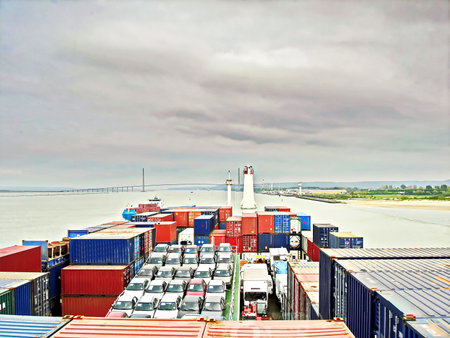 Container ship in port of Odessa, Ukraine. Industrial landscape.