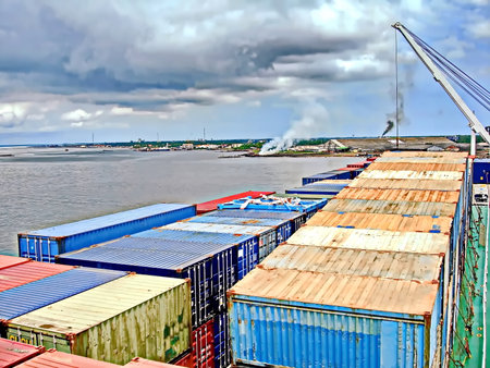 Container terminal for loading bulk cargo of iron ore by ship cranes and grabs