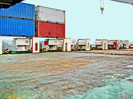 Container Cargo freight ship with working crane bridge for Logistic Import Export background
