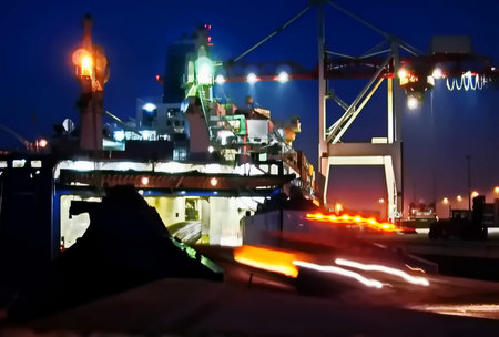 Cargo ship loading and unloading at night. Industrial background.