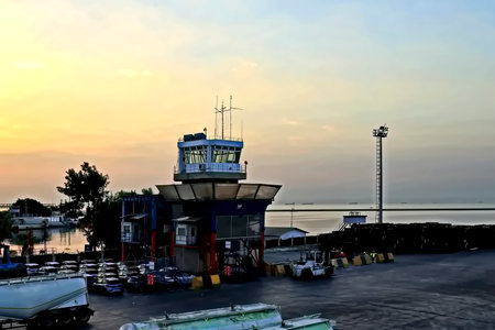 Sunset at the port of the city of Odessa, Ukraineの写真素材