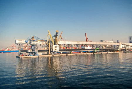 Container terminal in Odessa, Ukraine, on a sunny day.