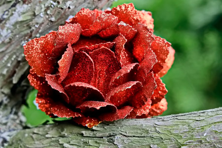 Red rose with drops of dew on the bark of a treeの写真素材