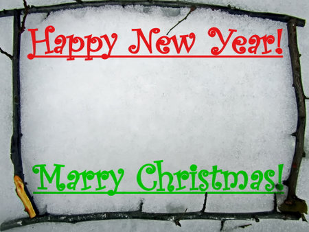 Merry Christmas and Happy New Year greeting card on cracked ice backgroundの写真素材