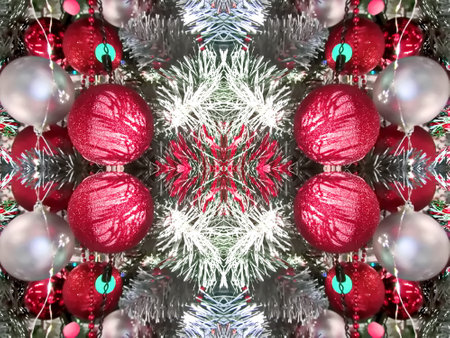 Christmas tree with red and silver baubles and tinsel. Christmas background.の写真素材
