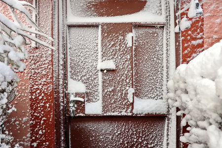snow on the window of a red wooden house in the winterの写真素材