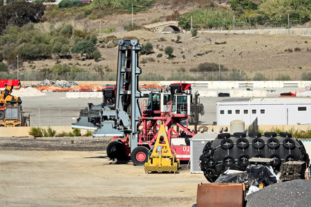 Forklift loader at a construction site in California, USA.の写真素材