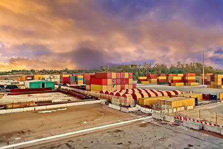 Industrial port with containers and freight trains at sunset. industrial backgroundの写真素材