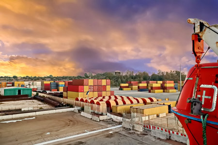Container terminal for loading bulk cargo of iron ore by ship cranes and grabs.