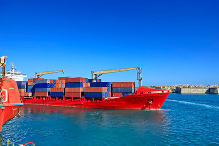 Container Cargo freight ship with working crane bridge for Logistic Import Export backgroundの写真素材