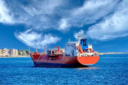 Cargo ship in the sea against the blue sky with clouds.の写真素材