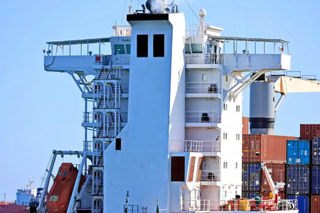 Container Cargo freight ship with working crane bridge in shipyard for Logistic Import Export...