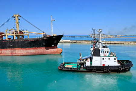 Tugboat assisting bulk cargo ship to harbor quayside, Odessa, Ukraineの写真素材