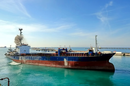 Large bulk carrier ship sailing in the open sea on a sunny day