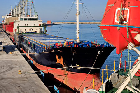 Bulk cargo ship under port crane bridge, Odessa, Ukraine