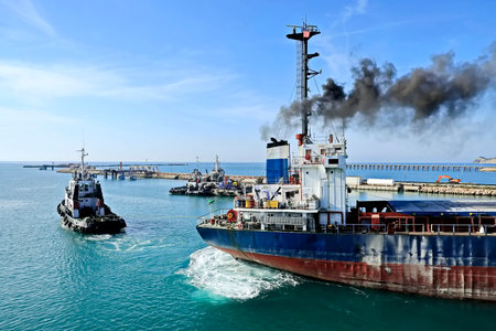 Tugboat assisting bulk cargo ship to harbor quayside, Odessa, Ukraine