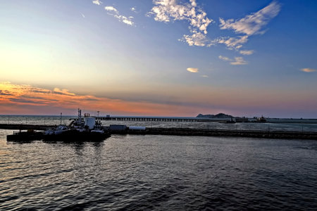 Sunset in the port of Palermo, Sicily, Italyの写真素材